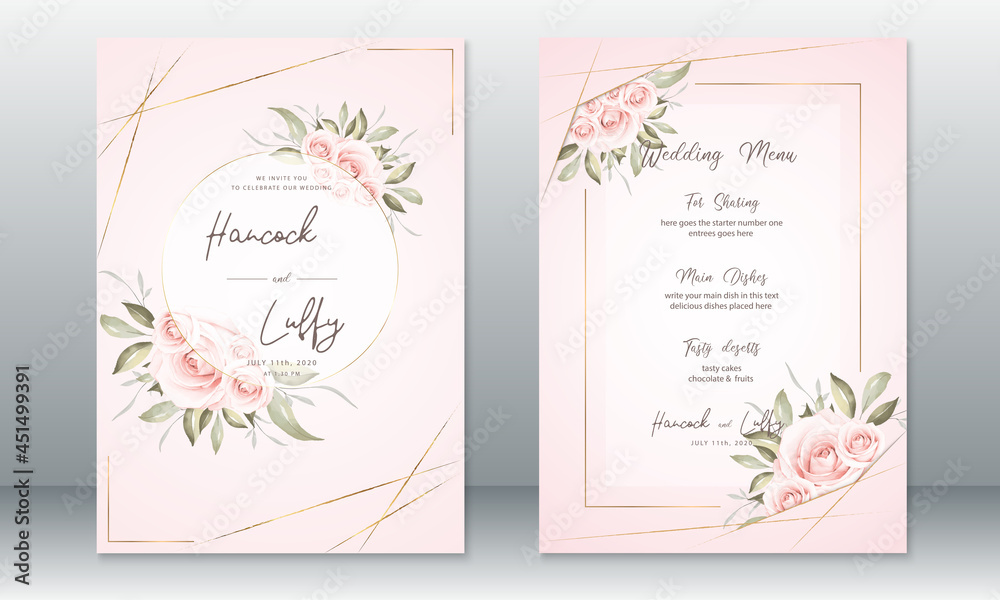  Luxury wedding invitation card template elegant of pink background with golden frame and rose bouquet