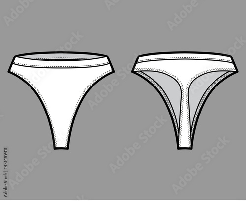 Thongs technical fashion illustration with high rise, elastic waistband, small hips coverage. Flat briefs lingerie template front, back, white color style. Women men unisex underwear CAD mockup