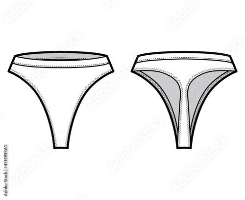 Thongs technical fashion illustration with high rise, elastic waistband, small hips coverage. Flat briefs lingerie template front, back, white color style. Women men unisex underwear CAD mockup