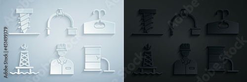 Set Oilman, Oilfield, rig with fire, Barrel oil leak, Industry pipe and valve and Rotating drill digging hole icon. Vector