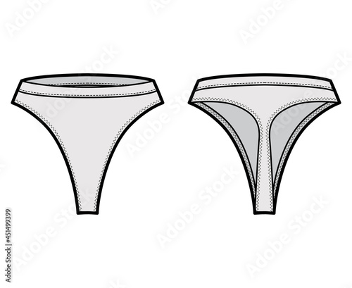Thongs technical fashion illustration with high rise, elastic waistband, small hips coverage. Flat briefs lingerie template front, back, grey color style. Women men unisex underwear CAD mockup
