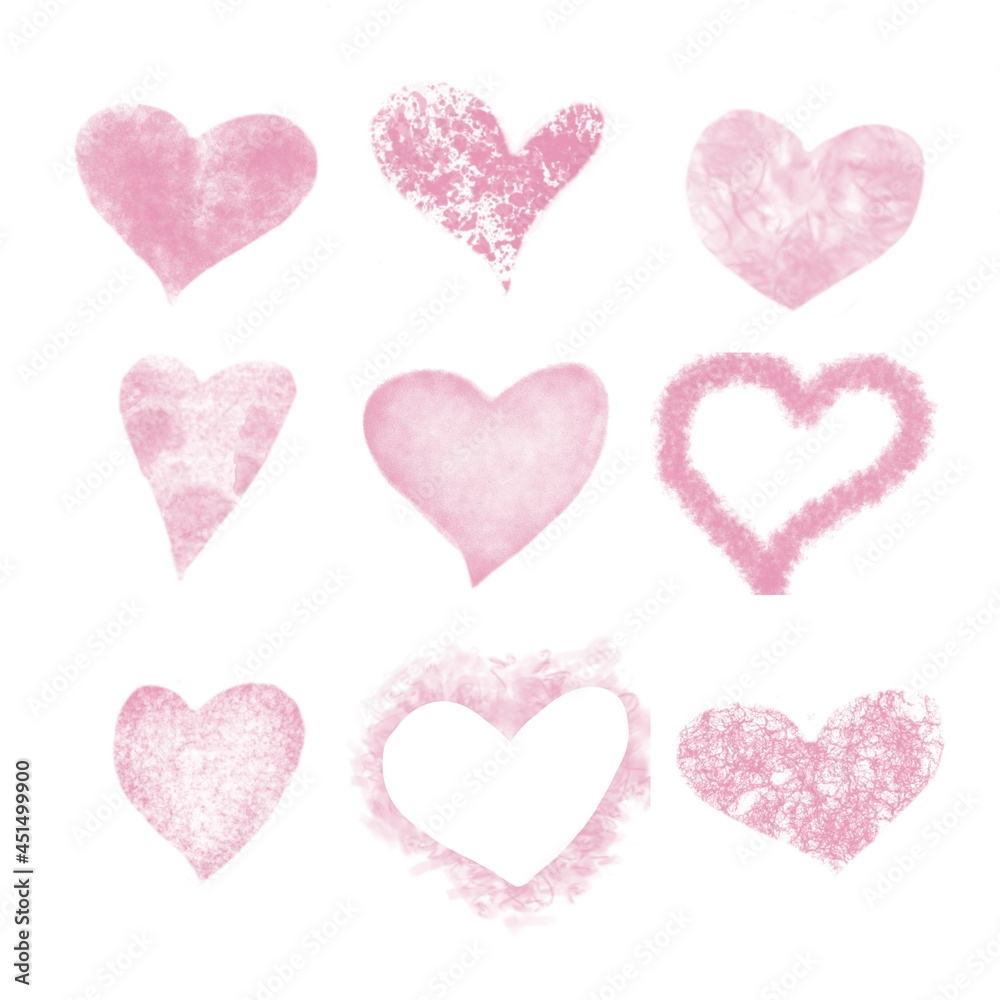Set of Watercolor Pink Hearts. Hand painted illustration on isolated white background for Valentine's day card or Wedding invitations