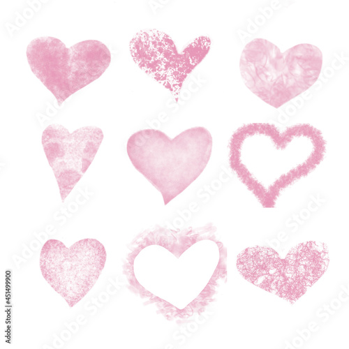 Set of Watercolor Pink Hearts. Hand painted illustration on isolated white background for Valentine's day card or Wedding invitations