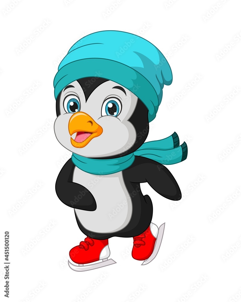 Fototapeta premium Cute little penguin playing ice skating