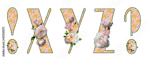 Latin capital letters X, Y, Z, exclamation and question marks with pink blur floral fill and white roses. Isolated elements on a white background. Broadway.