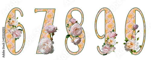 Raster set of numbers 6, 7, 8, 9, 0 with pink blurred floral fill and white roses. Isolated elements on a white background. Broadway.