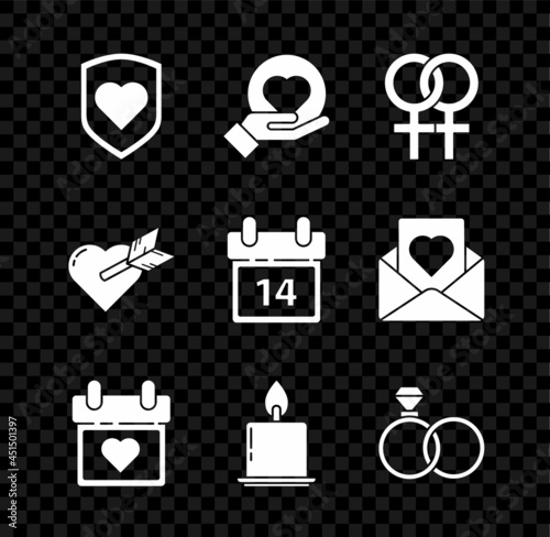 Set Heart with shield, on hand, Female gender symbol, Calendar heart, Burning candle, Wedding rings, Amour arrow and February 14 icon. Vector