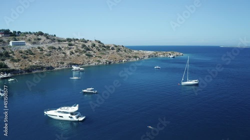 Amazing panoramic aerial 4k view from drone of beautiful bay of G�ndo_an and Yal�kavak in Bodrum on a bright and sunny day in Mugla province in Turkey photo