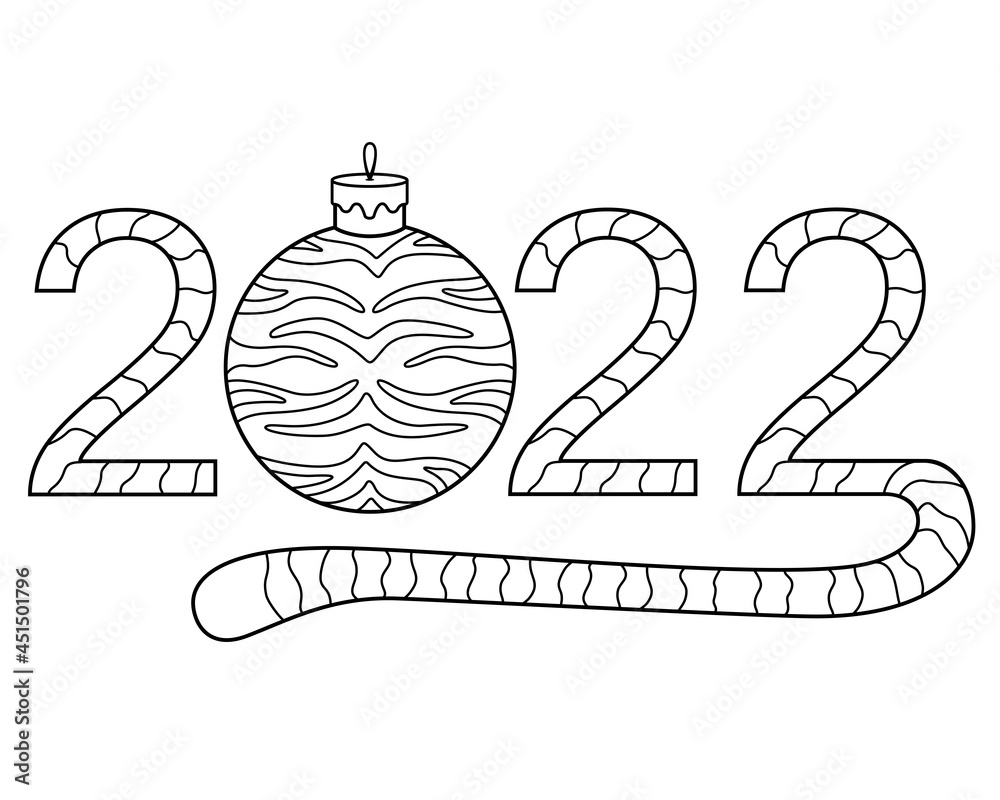 Obraz premium 2022 with striped tail and christmas tree ball, year of the tiger - vector linear lettering. Year of the Tiger and a Christmas tree toy with the color of the Tiger. New Year Linear Lettering 2022 