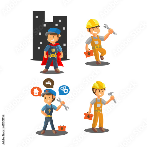 Repair man worker Mechanic workshop emblem badge Mascot illustration Set