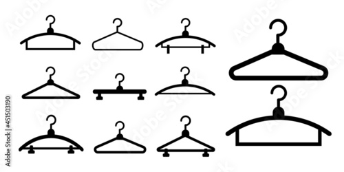 Hangers vector black icons. Cloth hanger, object hanger set