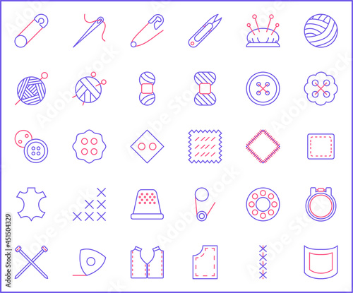Set of handmade and sewing icons line style. It contains such Icons as thread, Needle, sewing machine, pin, Knitting, Wool, yarn, cloth, fabric and other elements.
