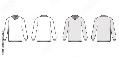 Shirt double technical fashion illustration with long sleeves, tunic length, henley neck, oversized, flat classic collar. Apparel top outwear template front, back, white, grey color. Women CAD mockup