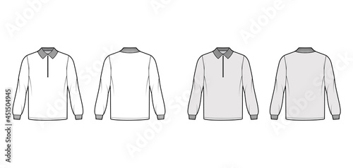 Shirt zip-up polo technical fashion illustration with long sleeves, tunic length, henley neck, oversized, flat knit collar. Apparel top outwear template front, back, white, grey color. Women men CAD