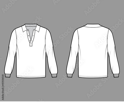 Shirt polo technical fashion illustration with long sleeves, elastic cuff, henley open neck, oversized, flat collar. Apparel top outwear template front, back, white color style. Women, men, unisex CAD