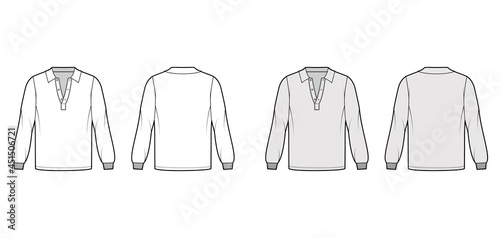 Shirt polo technical fashion illustration with long sleeves, elastic cuff, henley open neck, flat collar. Apparel top outwear template front, back, white, grey color style. Women, men, unisex mockup