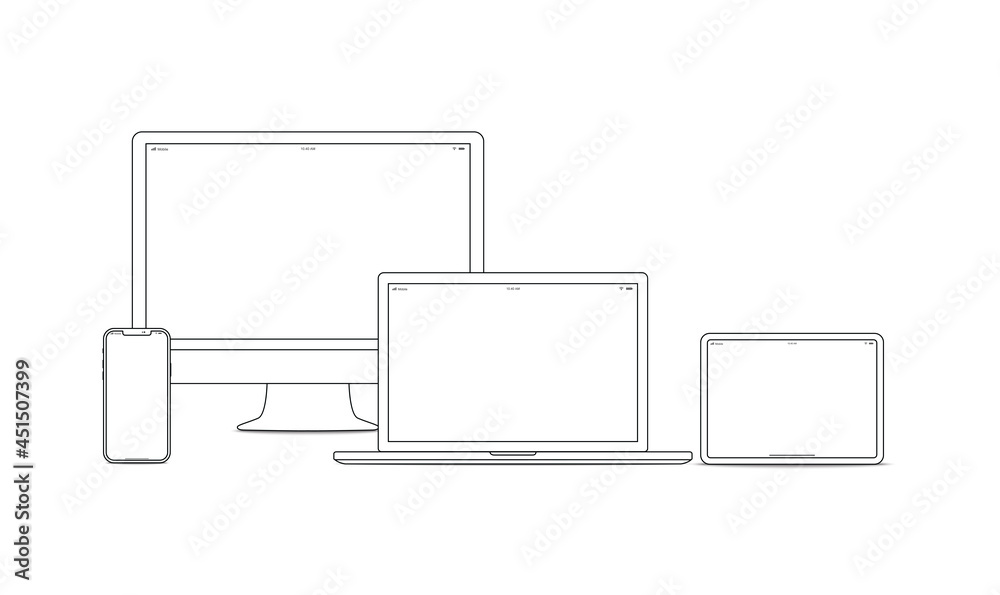Device and gadget line art set. Laptop, smartphone, modern portable and compact personal computer machines for home and office work. Vector line art device illustration Device and gadget line art set. Laptop, smartphone, modern portable and compact personal computer machines for home and office work. Vector line art device illustration
