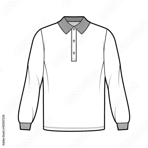 Shirt polo oversized technical fashion illustration with long sleeves, tunic length, henley button neck, flat knit collar. Apparel top outwear template front, white color style. Women men CAD mockup