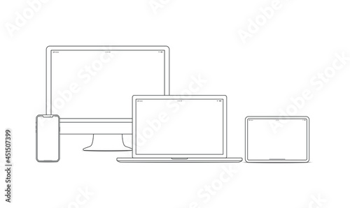 Device and gadget line art set. Laptop, smartphone, modern portable and compact personal computer machines for home and office work. Vector line art device illustration