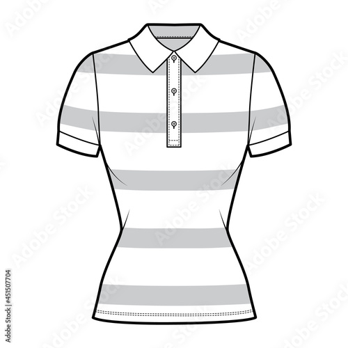 Shirt rugby stripes technical fashion illustration with short sleeves, tunic length,, fitted body, henley polo collar. Apparel top outwear template front, white color style. Women, men, unisex mockup