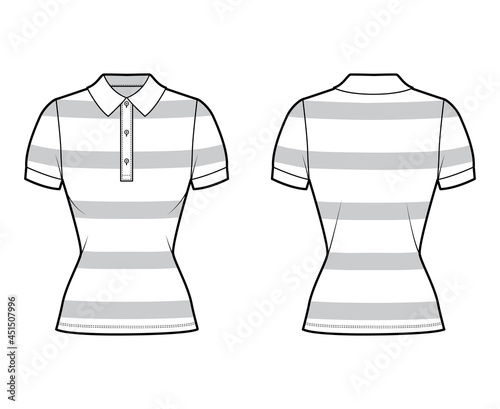 Shirt rugby stripes technical fashion illustration with short sleeves, tunic length,, fitted body, collar. Apparel top outwear template front, back, white color style. Women, men, unisex CAD mockup