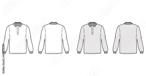 Shirt polo oversized technical fashion illustration with long sleeves, henley button neck, flat knit collar. Apparel top outwear template front, back, white, grey color style. Women men CAD mockup