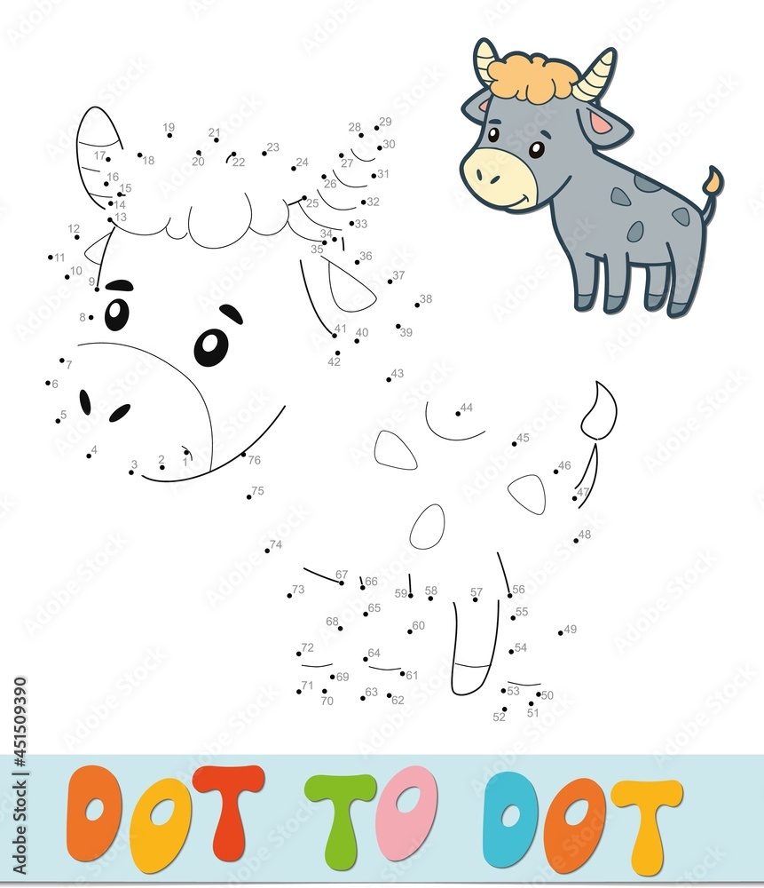 Dot to dot puzzle. Connect dots game. bull vector illustration