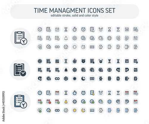 Vector editable stroke, solid, color style icons set. Illustration with date, time outline symbols. Alarm clock, smart watch, stopwatch, timer, organizer, planning and management thin line pictogram