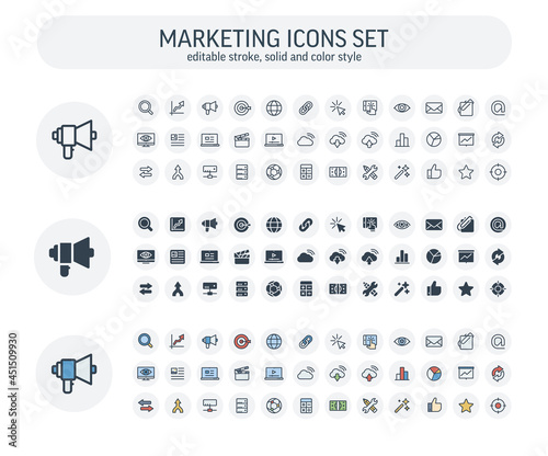Vector editable stroke, solid, color style icons set. Digital network, analytics, social media market outline symbols. Megaphone, content, SEO, data statistics, views, subscribe thin line pictogram