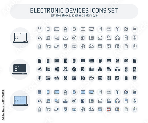 Vector editable stroke, solid, color style icons set. Illustration with digital technology, electronics outline symbols. Smart phone, watch, laptop, tablet, pc, camera, thin line pictogram photo