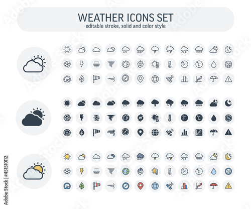 Vector editable stroke, solid, color style icons set. Illustration with weather and meteo outline symbols. Sun, cloud, rain, snow, moon, thermometer, humidity, umbrella flat thin line pictogram