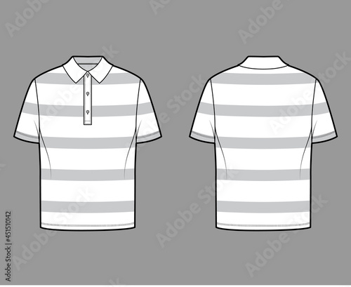 Shirt rugby stripes technical fashion illustration with short sleeves, tunic length, oversized body, henley collar. Apparel top outwear template front, back, white color style. Women men, CAD mockup