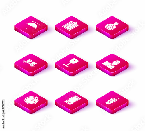 Set Stopwatch, Mobile phone with app delivery tracking, Railway carriage, Fragile broken glass symbol, Coffee cup, Delivery man cardboard boxes, and Verification list clipboard icon. Vector