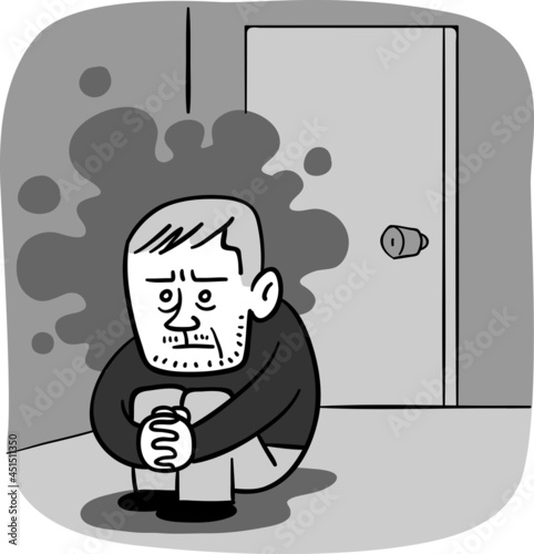暗い気持ちで部屋に閉じこもる中年男性のモノクロイラスト
