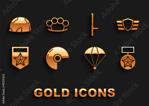 Set Military helmet, reward medal, Parachute, Chevron, Police rubber baton, and Brass knuckles icon. Vector