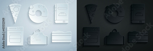 Set Kitchen apron, Cookbook, Oven, Brownie chocolate cake, Donut with sweet glaze and Slice of pizza icon. Vector
