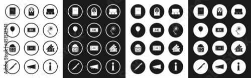 Set , Balloon with ribbon, Scenario, Table lamp, Funny and scary ghost mask, Cinema ticket and Popcorn cardboard box icon. Vector
