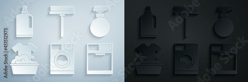 Set Washer, , Plastic basin with soap suds, Squeegee, scraper, wiper and bottles for liquid dishwashing liquid icon. Vector