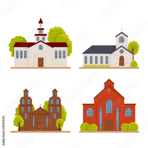 Set of old brick christian churches isolated on white. Catholic religious place or monastery with cross. Public protestant house for union. Architecture and landscape. Vector flat cartoon illustration