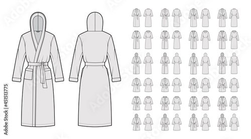 Set of Hooded Bathrobes Dressing gown technical fashion illustration with wrap opening, knee mini length, oversized, tie, pocket, elbow long sleeves. Flat front back grey color. Women men unisex CAD