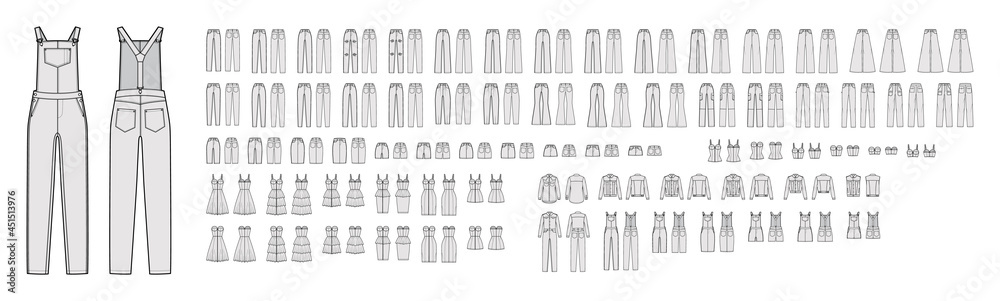 Set of Denim clothes - overall dresses, pants, jeans, coats, shorts, tops technical fashion illustration with full knee mini length. Flat front, back grey color style. Women, men unisex CAD mockup