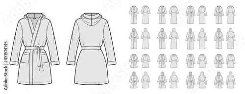 Set of Hooded Bathrobes Dressing gowns technical fashion illustration with wrap opening  mini knee length   tie  pockets  long elbow sleeves. Flat garment front  back grey color. Women  men CAD mockup