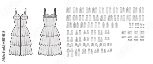 Set of Denim clothes - overall dresses, pants, jeans, coats, shorts, tops technical fashion illustration with full knee mini length. Flat front, back grey color style. Women, men unisex CAD mockup