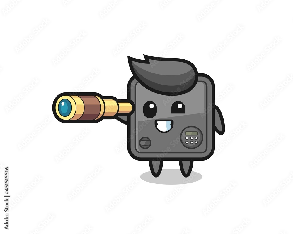 cute safe box character is holding an old telescope