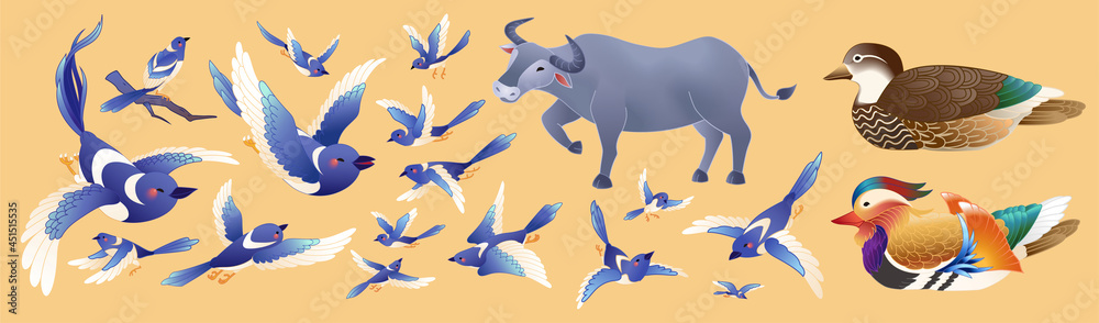 Blue magpie and animals for Qixi Blue magpie and animals for Qixi