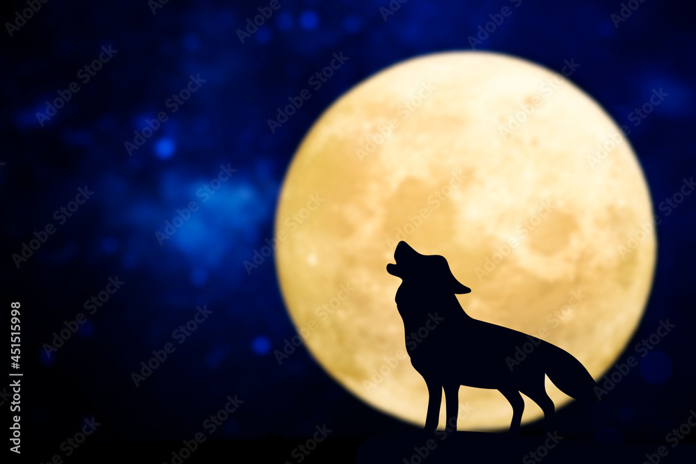 Howling wolf silhouette over a full moon