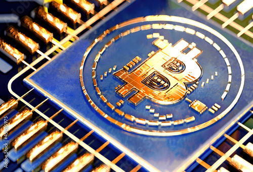 Tableau sur toile 3d rendering of Virtual symbols of coins bitcoin in binary code electronic circuits background