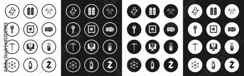 Set Crossed pickaxe, Safe, Cryptocurrency key, Mining farm, Blockchain technology, Bitcoin plant the pot and Pickaxe icon. Vector