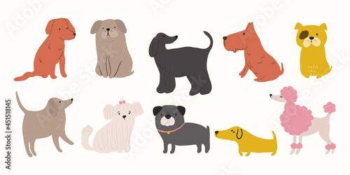 Cute dogs doodle vector set. Cartoon dog or puppy characters design collection with flat color in different poses. Set of funny pet animals isolated on white background.