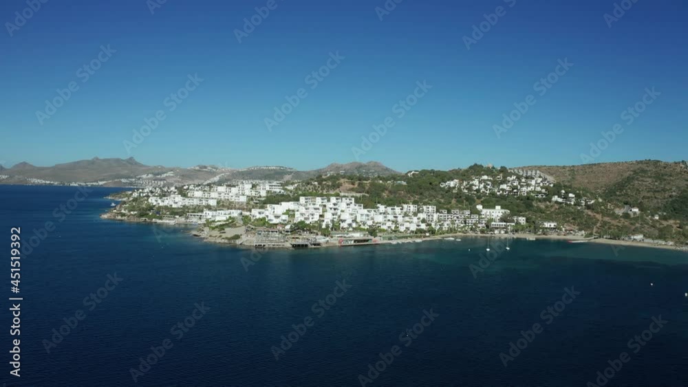 Amazing panoramic aerial 4k view from drone of beautiful bay of Bitez and Bodrum city in Bodrum on a bright and sunny day in Mugla province in Turkey Amazing panoramic aerial 4k view from drone of beautiful bay of Bitez and Bodrum city in Bodrum on a bright and sunny day in Mugla province in Turkey